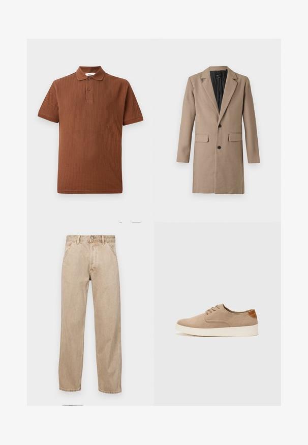 Μπεζ παλτό από μείγμα μαλλιού με μανίκια μακριά, γιακά με εγκοπές, δύο μπροστινές τσέπες και δύο μαύρα κουμπιά. Η εσωτερική επένδυση είναι μαύρη.; Καφέ ριγέ πόλο μπλούζα με κλασικό γιακά, πλάκα με δύο κουμπιά και κοντό μανίκι. Φτιαγμένη από μαλακό ύφασμα με υφή.; Μπέζ τζιν παντελόνι με ίσια γραμμή, που διαθέτει μπροστινές τσέπες, μεταλλικό κούμπωμα και διακριτή υφή.; Μπεζ σουέντ αθλητικά παπούτσια με στρογγυλή μύτη, κορδόνια και υφή στην πίσω πλευρά. Λευκή καουτσούκ σόλα προσφέρει αντίθεση. Απλός και μοντέρνος σχεδιασμός.
