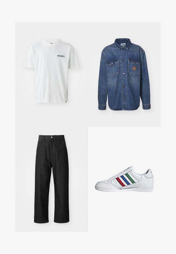 Denimová košile s dlouhými rukávy, středně modré barvy, s dvěma náprsními kapsami se cvoky a hnědou koženou nášivkou s logem na levé kapse.; Bílý bavlněný tričko s krátkými rukávy, sází na zelený logo "DICKIES ON THE ROAD AGAIN" na levé části hrudi. Standardní design s kulatým výstřihem.; Černé denimové kalhoty s volným střihem, vysokým pasem, zapínáním na zip a designem s pěti kapsami. Viditelné prošívání po celém obvodu.; Bílé kožené tenisky s třemi horizontálními pruhy v červené, modré a zelené barvě. Zaoblená špička, texturovaný svršek a polstrovaný límec.