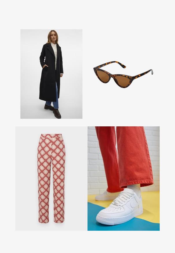 Vero Moda VMFORTUNEAYA LONG COAT - Klassikaline mantel - black; Pruun koondatud kootud särk kõrge sooniku kaelusega, laia varrukatega ja pehme tekstuuriga. Omab lõdvaist sobivust ning soonikaktsente varrukatel.; Kangast sukad rikka pruunis värvitoonis, millel on keeruline valge lilleline rombimuster, sirge jala disain ja kõrge vöökoht.; Valge nahast tennis, millel on perforeeritud varvas, tekstureeritud tallad ja valged shoelaces, kombineeritud laia punase pükste ja sinise ning kollase taustaga.; Kassi vormiga prillid musta ja oranži kilpkonnakujulise raami, pruunide läätsede ja elegantsete teravate otstega. Templi juures on minimaalne logo.; Kuldne rõngassõrmused sileda ja läikiva viimistlusega. Ringikujuline disain, millel on väike post ja selge tagumine külg, et tagada kindel kandmine.