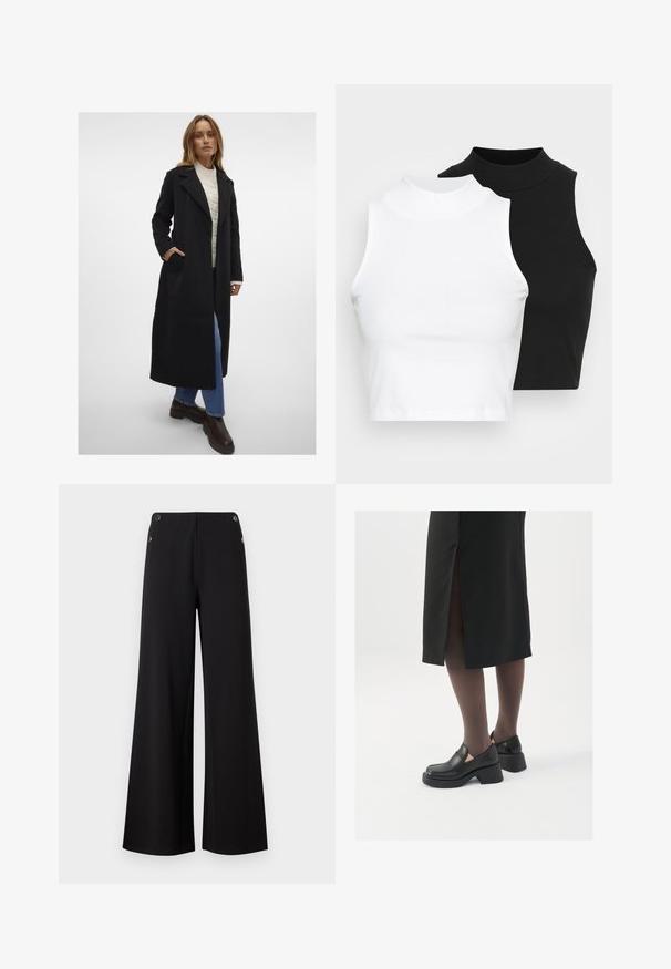 Vero Moda VMFORTUNEAYA LONG COAT - Cappotto classico - black; Due top in maglia senza maniche, a collo alto, in nero e bianco, con un design aderente e una superficie liscia, di lunghezza cropped.; Pantaloni neri a gamba larga realizzati in tessuto morbido, con dettagli in metallo dorato sui bottoni in vita e un design pulito e minimalista.; Scarpe in pelle nera con punta arrotondata, tacco spesso a blocco e accenti laterali in elastico, abbinate a collant scuri e una gonna nera con uno spacco.