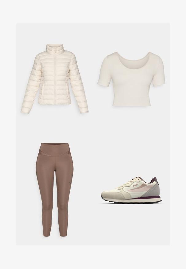 Pufjakas maigi bežā krāsā, ar horizontāli iestrādātām šuvēm, augstu apkakli un priekšējo rāvējslēdzēju. Iekļautas sānu kabatas.; Īsām piedurknēm, apgriezts tops vieglā bēšā ribota auduma. Tam ir plaša apaļā izgriezuma kakla līnija un pieguloša piegriezuma forma, izceļot gludu tekstūru.; Brūnas sporta legingi, izgatavoti no gluda, elastīga materiāla ar augstu jostasvietu. Satur mazu melnu logo apakšējā kreisajā kājā.; Krēma un gaiši pelēku sporta apavu ar teksturētu virsmu, ar rozā un bordo akcentiem, kurus var piesiet, un melnu gumijas zolīti.
