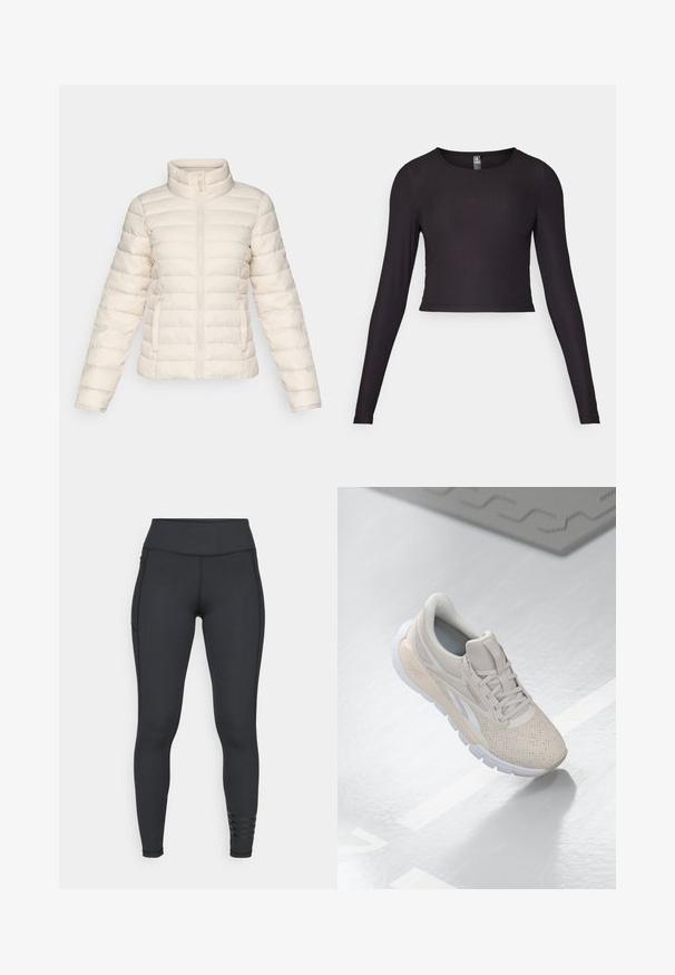 Puff-Jacke in sanftem Beige, mit horizontalen, gesteppten Segmenten, hohem Kragen und einem Frontreißverschluss. Enthält seitliche Taschen.; Schwarzes, langärmliges, cropped Oberteil aus Rippstoff. Mit rundem Ausschnitt und figurbetonter Silhouette mit strukturierten Oberflächen.; Schwarze Leggings aus dehnbarem Material, mit einem hohen Bund, elegantem Design und gestreiften Akzenten in der Nähe des Knöchels.; Hellbeige Sportschuh mit einem perforierten Obermaterial, strukturierten Akzenten, gepolstertem Schaftrand und weißer Gummisohle, entworfen für Komfort und Atmungsaktivität.