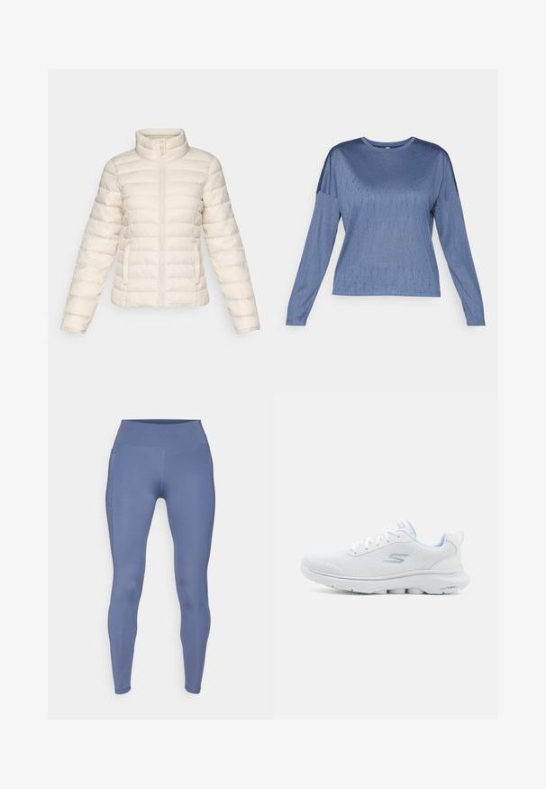 Puha bézs színű puff dzseki, vízszintes steppelt szegmensekkel, magas gallérral és elülső cipzárral. Oldalsó zsebekkel rendelkezik.; Hosszú ujjú, kék felső, sima textúrával, kerek nyakkivágással és kissé lecsúszott vállakkal. Diszkrét mintázat ad vizuális érdekességet.; ONLY Play ONPJAM-2-FONT - Leggingek - vintage indigo; Fehér sportcipő légáteresztő hálós felsőrésszel, világoskék részletekkel és párnázott talppal, amelyen texturált tapadó mintázat található.