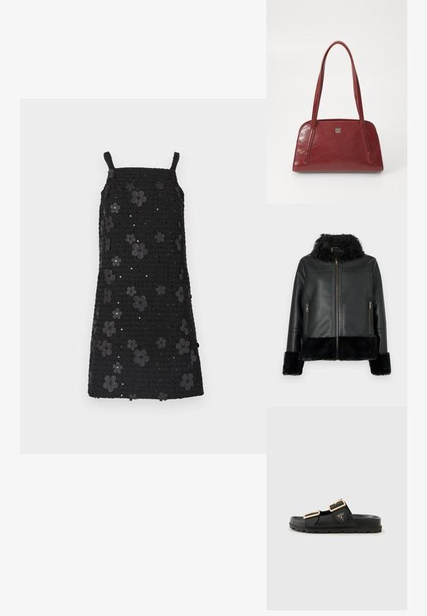 Chaqueta de cuero negro con cuello y puños de piel sintética, con cierre de cremallera y dos bolsillos frontales con cremallera. Textura de superficie lisa.; Vestido negro sin mangas con escote cuadrado, tela texturizada, adornado con aplicaciones de flores negras y lentejuelas en todo el diseño.; Chanclas negras con dos correas ajustables, hebillas en tono dorado, parte superior de goma texturizada y una suela gruesa y texturizada. Logotipo visible en el lateral.; Bolso de mano acolchado rojo hecho de material brillante, con dos asas largas y un acento de logo plateado. La costura diagonal crea textura.