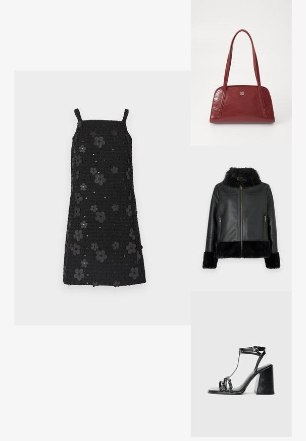 Black leather jacket with a faux fur collar and cuffs, featuring a zip closure and two front zip pockets. Smooth surface texture.; Black sleeveless dress with square neckline, textured fabric, adorned with black flower appliqués and sequins throughout the design.; Black heeled sandals with a shiny patent finish, featuring multiple straps, circular hardware accents, and a chunky square heel.; Red quilted handbag made of glossy material, featuring two long handles and a silver logo accent. Diagonal stitching creates texture.
