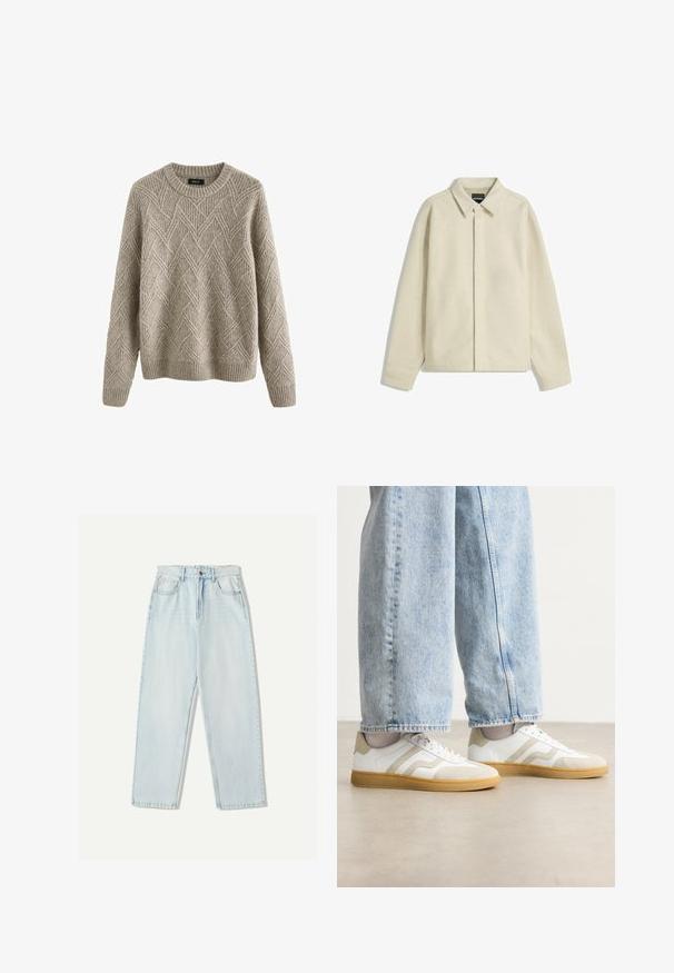 Jachetă bej dintr-un material moale, cu guler, închidere cu nasturi și croi lejer, cu mâneci tapered.; Pulover tricotat bej deschis, cu un model texturat în formă de diamant, guler rotund și manșete și tiv cu dantelă.; Blugi din denim de culoare albastru deschis, cu o croială relaxată, design cu picior drept, stilizare cu cinci buzunare și decolorare subtilă pe material.; Adidași albi cu accente din suede bej și soles din cauciuc deschis; prezentând un design low-top și detalii texturate pe partea superioară.