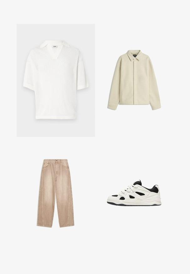 Beige skjortejakke lavet af blødt stof, med krave, knaplukning og afslappet pasform med smalle ærmer.; Hvid kortærmet pullover-trøje med V-hals, lavet af let mesh-stof. Har en ensfarvet krave og en afslappet pasform.; Beige kordfløjl brede bukser med lodrette ribber, der har forlommer, bæltestropper og en lynlåsfront med knaplukning.; Hvide og sorte atletik sko med en tekstureret sål, der har udskårede designs på siderne og snørebånd, samt en polstret hæl for støtte.