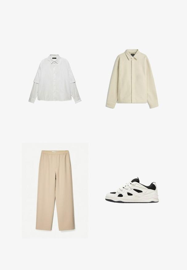 Bézs színű ingdzseki, puha anyagból készült, gallérral, gombos záródással, laza szabással és szűkített ujjal.; Fehér, gombos ing függőleges szürke csíkokkal. Klasszikus gallérral, laza szabással és hosszú ujjakkal rendelkezik, amelyek gombos részletekkel díszítettek.; Beige színű, bő szárú nadrág, gumis derékkal, puha anyagból készült, sima tapintással és minimális varrási részletekkel.; Fehér és fekete sportcipők, texturált talppal, oldalt kivágott mintákkal és fűzős megoldással, valamint párnázott hátsó résszel a támasz érdekében.
