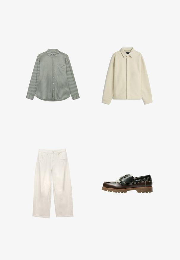 Jachetă bej dintr-un material moale, cu guler, închidere cu nasturi și croi lejer, cu mâneci tapered.; Cămașă cu mâneci lungi, în verde măslin, cu dungi verticale albe, guler standard și un buzunar pe piept, pe partea stângă.; Pantaloni din denim albi cu picioare largi și talie înaltă, cu buzunare frontale și cusături vizibile. Materialul are o textură netedă și o formă structurată.; Pantof de barcă din piele maro și neagră, cu șireturi, cusături contrastante și talpă din cauciuc texturată. Are orificii metalice pentru șireturi și vârf rotunjit.