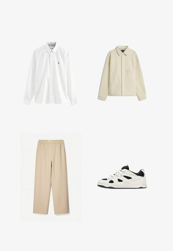 Béžová košeľová bunda vyrobená z mäkkej látky, s golierom, zapínaním na gombíky a voľným strihom s zúženými rukávmi.; Biela košeľa s dlhým rukávom vyrobená z bavlny. Má golier s gombíkmi, žlté gombíky a malú námornícky modrú logom homára na ľavej hrudi.; Béžové široké nohavice s elastickým pásom, vyrobené z mäkkej tkaniny, s hladkým povrchom a minimálnymi detailmi šitia.; Biele a čierne športové topánky s textúrovanou podrážkou, s vyrezávanými dizajnmi na stranách a šnúrkami, a s polstrovaným zadným dielom pre podporu.