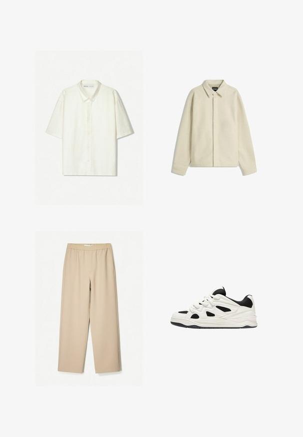 Giacca camicia beige realizzata in tessuto morbido, con colletto, chiusura a bottoni e vestibilità comoda con maniche affusolate.; Camicia button-up a maniche corte in lino bianco sporco. Presenta un colletto classico, bottoni frontali e una vestibilità rilassata. Design minimalista con una texture sottile.; Pantaloni a gamba larga beige con vita elastica, realizzati in tessuto morbido, caratterizzati da una texture liscia e dettagli di cucitura minimi.; Scarpe da ginnastica bianche e nere con suola testurizzata, caratterizzate da intagli sui lati e lacci, e una schiena imbottita per il supporto.