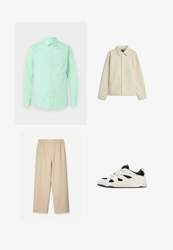 Beige paita takki, joka on valmistettu pehmeästä kankaasta. Siinä on kauluskot, nappisuljenta ja rento muotoilu kapenevilla hihoilla.; Minta vihreä napillinen paita pitkillä hihoilla, kauluksella ja edessä nappisuljenta. Sileä pinta, tasavärinen ilman näkyviä kuvioita tai aksentteja.; Harmaat leveät housut, joissa on joustava vyötärö, valmistettu pehmeästä kankaasta, ja joissa on sileä pinta sekä vähäiset ompeluyksityiskohdat.; Valkoiset ja mustat urheilukengät, joissa on teksturoitu pohja, sivuilla leikkauksia ja nauhoja, sekä pehmustettu takapohja tuen tarjoamiseksi.