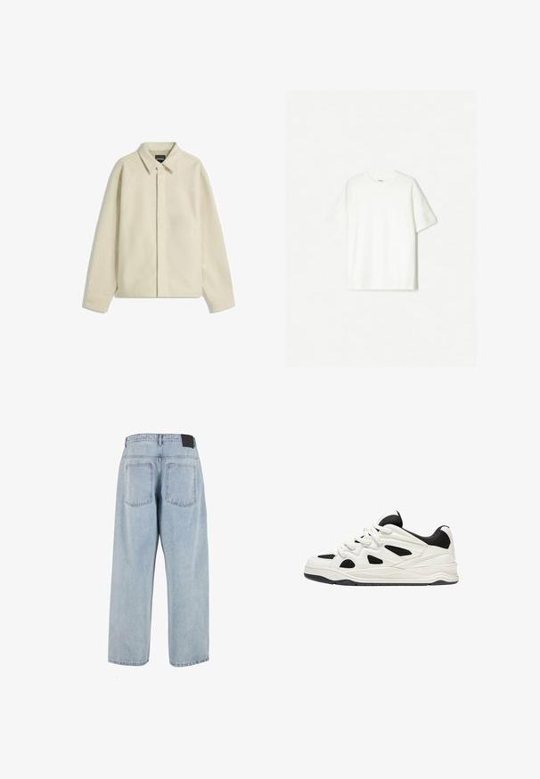 Beige overhemdjacket van zacht materiaal, met een gekraagde hals, knoopsluiting en een relaxte pasvorm met taps toelopende mouwen.; Witte kortengemouwen t-shirt van zacht katoen. Ronde halsontwerp met een ontspannen pasvorm en geen zichtbare logo's of patronen.; Lichtblauwe, hoogwaisted denim jeans met een losse pasvorm, twee achterzakken en een zwart leren label op de tailleband. Rechtoe-rechtaan ontwerp.; Witte en zwarte sportschoenen met een gestructureerde zool, voorzien van uitsnijdingen aan de zijkanten en veters, en een gevoerde achterkant voor ondersteuning.
