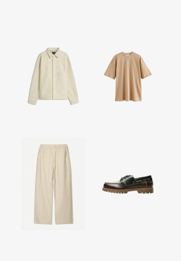 Beige skjortjacka i mjukt tyg, med krage, knäppning och avslappnad passform med smalnande ärmar.; Kortärmad beige t-shirt i bomull med rund hals och avslappnad passform, med en slät yta utan mönster eller detaljer.; Beige linnebyxor med vida ben, elastisk midja och sidfickor. Tyget har en strukturerad, naturlig yta.; Brun och svart lädersko i båtstil med snörning, kontrastsömmar och en texturerad gummisula. Har metalldetaljer vid hålen för snörena och en rundad tå.