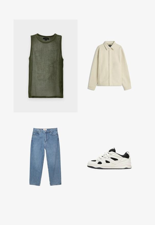 Beige overhemdjacket van zacht materiaal, met een gekraagde hals, knoopsluiting en een relaxte pasvorm met taps toelopende mouwen.; Olijfgroene mesh tanktop met een ronde halslijn, mouwloos ontwerp en textuurstof met een ruitpatroon door het hele oppervlak.; Lichtblauwe denim jeans met een rechte pijp, vijf zakken en een zichtbaar merkteken op de tailleband.; Witte en zwarte sportschoenen met een gestructureerde zool, voorzien van uitsnijdingen aan de zijkanten en veters, en een gevoerde achterkant voor ondersteuning.