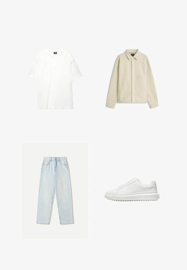 Beige Hemdjacke aus weichem Stoff, mit einem kragenartigen Hals, Knopfverschluss und entspannter Passform mit schmal zulaufenden Ärmeln.; Weißes, übergroßes T-Shirt aus weichem, glattem Baumwollstoff; mit kurzen Ärmeln, einem Rundhalsausschnitt und einem schlichten, unauffälligen Design.; Helle blaue Denim-Jeans mit lässiger Passform, geradem Beindesign, Fünf-Taschen-Stil und dezentem Verblassen des Stoffes.; Weißer Sneaker mit einem glatten synthetischen Obermaterial, runder Spitze, flachen Schnürsenkeln, strukturiertem Sohlen und einem geschichteten, Plattform-Design für zusätzlichen Halt.