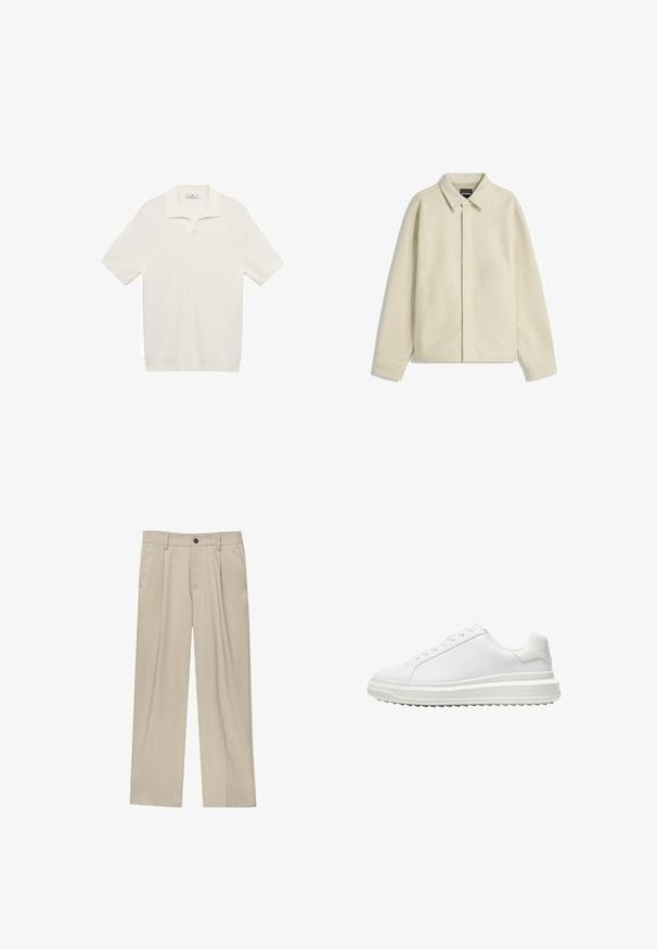 Béžová košeľová bunda vyrobená z mäkkej látky, s golierom, zapínaním na gombíky a voľným strihom s zúženými rukávmi.; Biela polokošeľa s krátkym rukávom a textúrovaným pleteným vzorom, s malým golierom a polovičnou gombíkovou légou. Jednoduchý a minimalistický dizajn.; Béžové nohavice s rovný strihom, s jedným čiernym gombíkom, pútkami na opasok a bočnými vreckami. Hladká textúra látky a minimálny dizajn.; Biele tenisky so hladkým syntetickým zvrškom, okrúhlou špičkou, plochými šnúrkami, texturovanou podrážkou a vrstveným dizajnom platformy na zvýšenie výšky.