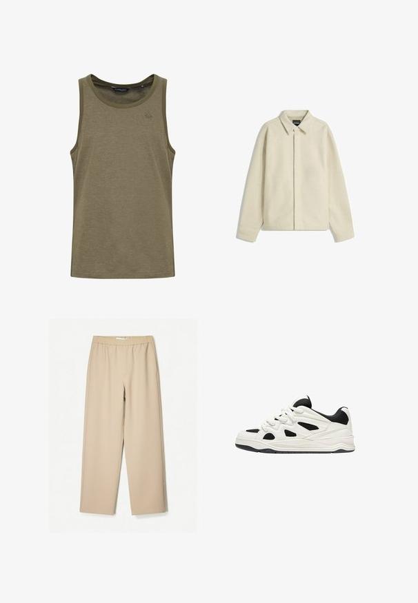 Béžová košeľová bunda vyrobená z mäkkej látky, s golierom, zapínaním na gombíky a voľným strihom s zúženými rukávmi.; Olivovo zelený top bez rukávov z mäkkého a priedušného materiálu. Má okrúhly výstrih a diskrétne vyšívanie loga na hrudi.; Béžové široké nohavice s elastickým pásom, vyrobené z mäkkej tkaniny, s hladkým povrchom a minimálnymi detailmi šitia.; Biele a čierne športové topánky s textúrovanou podrážkou, s vyrezávanými dizajnmi na stranách a šnúrkami, a s polstrovaným zadným dielom pre podporu.