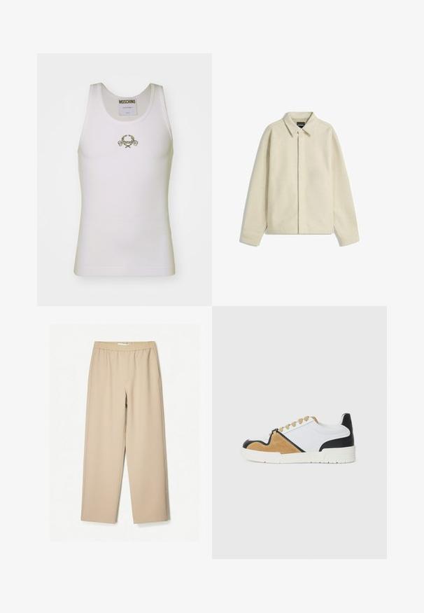 Giacca camicia beige realizzata in tessuto morbido, con colletto, chiusura a bottoni e vestibilità comoda con maniche affusolate.; Canotta bianca a costine con logo ricamato in oro e decorazioni, scollo rotondo e design senza maniche.; Pantaloni a gamba larga beige con vita elastica, realizzati in tessuto morbido, caratterizzati da una texture liscia e dettagli di cucitura minimi.; Sneakers realizzati in tessuto bianco con accentuazioni in suede beige e pelle nera, caratterizzati da una punta arrotondata, design con lacci piatti e suola strutturata.