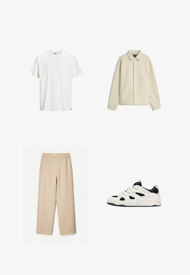 Béžová košeľová bunda vyrobená z mäkkej látky, s golierom, zapínaním na gombíky a voľným strihom s zúženými rukávmi.; Biele bavlnené tričko s klasickým okrúhlym výstrihom, krátkymi rukávmi a rovnými okrajmi. Vyznačuje sa jednoduchým dizajnom a jemnou textúrou.; Béžové široké nohavice s elastickým pásom, vyrobené z mäkkej tkaniny, s hladkým povrchom a minimálnymi detailmi šitia.; Biele a čierne športové topánky s textúrovanou podrážkou, s vyrezávanými dizajnmi na stranách a šnúrkami, a s polstrovaným zadným dielom pre podporu.