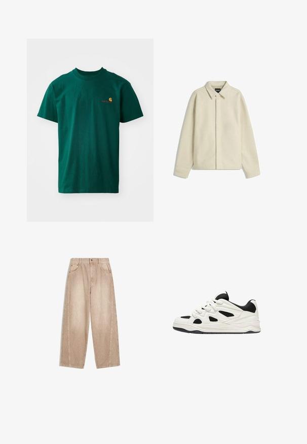 Beige Hemdjacke aus weichem Stoff, mit einem kragenartigen Hals, Knopfverschluss und entspannter Passform mit schmal zulaufenden Ärmeln.; Grünes Baumwoll-T-Shirt mit Rundhalsausschnitt und kurzen Ärmeln. Es hat ein kleines, kontrastierendes Logo in Orange und Rot auf der linken Brust.; Beige corduroy-Hosen mit weitem Bein und vertikalen Rippen, ausgestattet mit Fronttaschen, Gürtelschlaufen und einem Reißverschluss mit Knopfverschluss.; Weiß-schwarze Sportschuhe mit einer strukturierten Sohle, die auf der Seite ausgeschnittene Designs und Schnürsenkel aufweisen, sowie eine gepolsterte Ferse für Unterstützung.