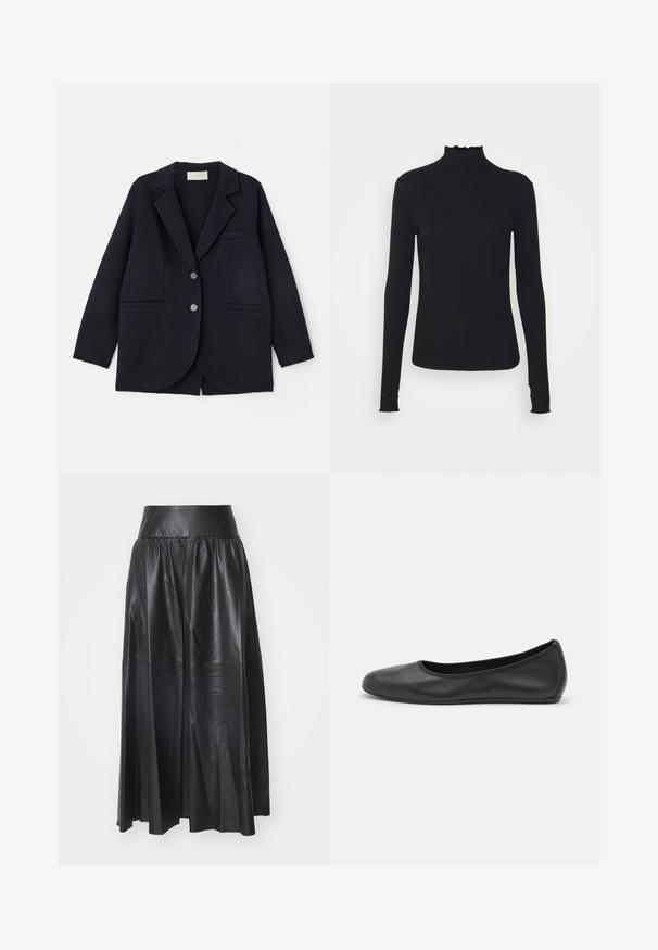 Vanessa Bruno MARC - Klassisk frakke - marine; Sort langærmet turtleneck top lavet af glat stof, med en rynket krave og tætsiddende silhuet med enkle kanter.; By Malene Birger MIVILO - A-snit nederdel - black; Sort læderballetsko med rund tå, glat tekstur, minimal syning og et fleksibelt såldesign.