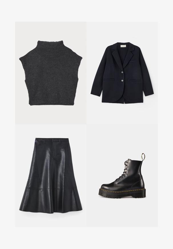 Vanessa Bruno MARC - Klasszikus kabát - marine; Sötét szürke, rövidített pulóver magas nyakkal, texturált kötött anyagból készült, rövid ujjal és egyenes aljjal.; Fekete bőr szoknya, fodros kialakítással, közép hosszúságú, sima textúrával és diszkrét varrási részletekkel a szegély mentén.; Fekete bőrből készült, fűzős bokacsizma masszív fekete talppal és sárga varrással. Hátsó húzófüllel és kör alakú fémszemekkel rendelkezik.