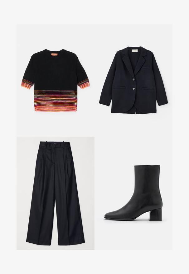 Vanessa Bruno MARC - Klassinen takki - marine; Mustan neulepaidat, joissa on lyhyet hihat, ja joissa on moniväriset vaakaraitat helmassa vaaleanpunaisena, oranssina ja keltaisena. Pyöreä kaula-aukko.; Musta leveälahkeinen housut, jotka on valmistettu sileästä kankaasta. Niissä on korkea vyötärö, laskoksia ja räätälöity muotoilu. Yksinkertaiset mustat metalliosat vyötäröllä.; Mustat nahkasaappaat nilkkakorkeudella, joissa on terävä kärki ja tukeva neliön muotoinen korko. Sileä pinta, saumaton muotoilu ja minimalistinen ommel.