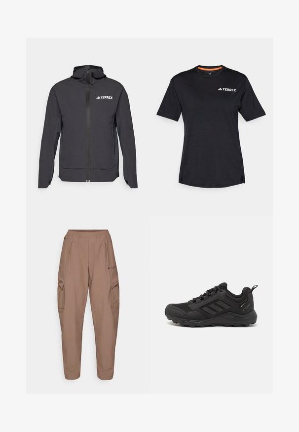 Zwarte TERREX-jas met een rits aan de voorkant, verstelbare capuchon, lange mouwen en zijzakken. Gemaakt van lichtgewicht, waterafstotend materiaal.; Zwarte T-shirt met korte mouwen en ronde hals, met een subtiele heatherstructuur en een wit "TERREX" logo aan de bovenlinkerkant.; Bruine cargobroek met een elastische tailleband, twee zijzakken en een gestructureerde stof. Bevat geborduurd logo aan de voorkant.; Zwarte sportieve schoenen met een stevige rubberen zool, bovenwerk van mesh en synthetisch materiaal, opvallend vetersysteem en een grijptab aan de hiel.