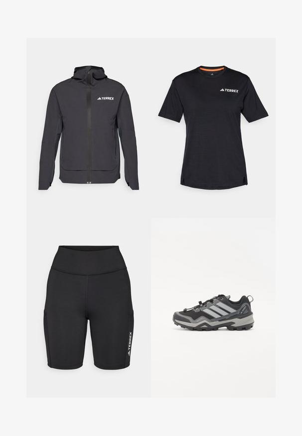 Giacca TERREX nera con zip frontale, cappuccio regolabile, maniche lunghe e tasche laterali. Realizzata in materiale leggero e resistente all'acqua.; T-shirt nero a maniche corte con scollo rotondo, caratterizzato da una leggera texture mélange e dal logo bianco "TERREX" sul lato superiore sinistro.; Pantaloni sportivi neri realizzati in tessuto elasticizzato, con vita alta, tasche laterali e un accento con logo bianco su una gamba.; Scarpa da trekking nera e grigia con superficie texturizzata, suola in gomma e tre strisce grigie prominenti sul lato; presenta un sistema di allacciatura rapida.