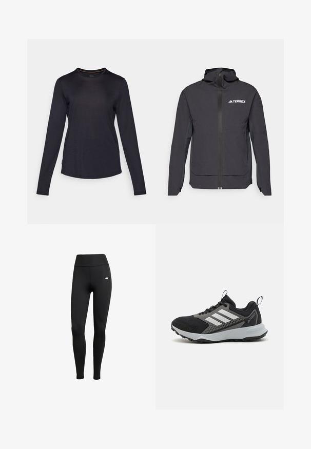 Črna jakna TERREX z zadrgo spredaj, nastavljivo kapuco, dolgimi rokavi in stranskimi žepi. Narejena iz lahkega, vodoodpornega materiala.; Srajca z dolgimi rokavi v temno modri barvi, izdelana iz mehke tkanine s krožnim izrezom, subtilno teksturo in ukrivljenim robom. Ima majhno oznako z logotipom.; Črne atletske leggice z visokim pasom. Narejene iz raztegljive tkanine, ki ima bel logotip na zgornji levi strani.; Črne atletske čevlje z sivimi detajli, ki imajo teksturirano mrežasto zgornjščino, tri bele črte in gumijast podplat za oprijem.