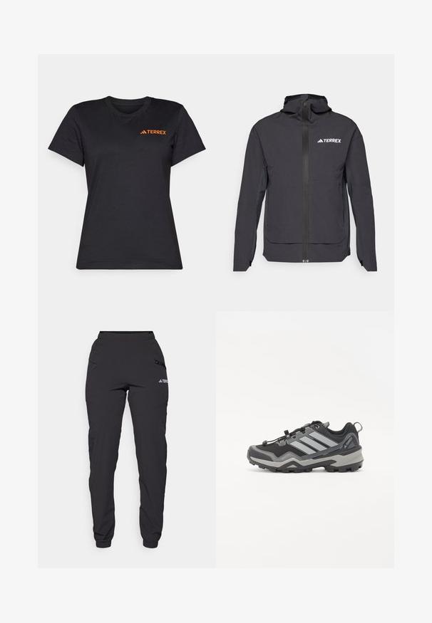 Jaqueta TERREX preta com fecho de correr à frente, capuz ajustável, mangas longas e bolsos laterais. Feita de material leve e resistente à água.; T-shirt preta de manga curta feita de algodão. Apresenta um decote redondo e um logotipo laranja "TERREX" no canto superior esquerdo do peito.; Calças impermeáveis pretas com um cós elástico, bolsos laterais com fecho, pernas ajustadas e punhos canelados nos tornozelos. Apresenta detalhes do logótipo.; Sapatilha de caminhada preta e cinza com uma superfície texturizada, sola de borracha e três riscas cinzas proeminentes de lado; apresenta um sistema de atar rápido.