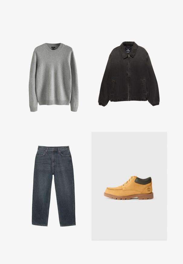 Črna usnjena jakna iz denima s ovratnikom, zadrgo na sprednji strani, elastičnimi manšetami in stranskimi žepi. Ima nekoliko bled odtenek z kontrastnimi šivi.; Sivkasta pleteno pulover s krojnim izrezom, rebrastimi manšetami in robom, mehke teksture in sproščenega kroja. Brez vidnih vzorcev ali poudarkov.; Temno modri jeans s ravnim krojem, petimi žepi, loči za pas in subtilnim zbledelostjo na materialu. S tlakovanimi robovi.; Rumene usnjene čevlje s svetlo rjavim gumijastim podplatom, okroglim nosom in zelenim usnjenim detajlom na gležnju. Opremljeni so z zlatimi luknjicami in šivi.