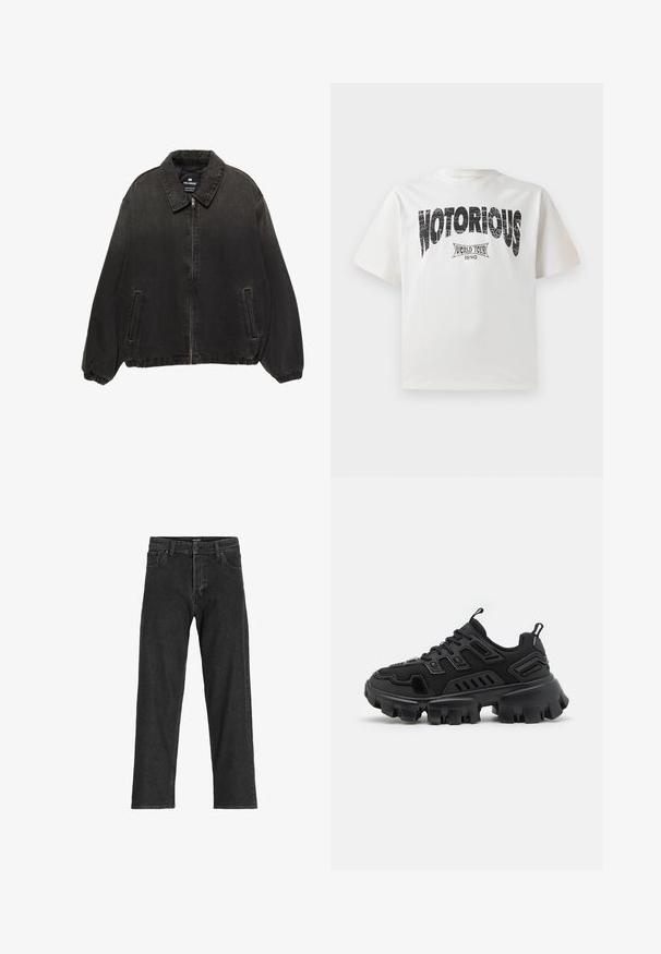 Černá denimová bunda s límečkem, předním zipem, elastickými manžetami a bočními kapsami. Vyznačuje se mírně vybledlou texturou s kontrastními švy.; Bílý bavlněný tričko s krátkým rukávem, které obsahuje výrazný černý grafický text "NOTORIOUS" a design "WORLD TOUR 1990" níže v opotřebovaném tisku.; Černé džíny s rovnými nohavicemi, s zipem na přední části, poutky na pásek a šesti kapsami, vyrobené z odolné bavlněné směsi.; Černá sportovní obuv s texturovanou gumovou podrážkou, vrstvovými designovými prvky a zesílenými akcenty. Obsahuje šněrování a poutko na patě.