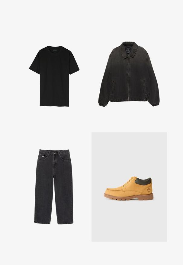 Černá denimová bunda s límečkem, předním zipem, elastickými manžetami a bočními kapsami. Vyznačuje se mírně vybledlou texturou s kontrastními švy.; Černé triko s krátkým rukávem vyrobené z bavlny. Má klasický kulatý výstřih a jednoduchý, nezdobený design.; Černé džíny s rovnými nohavicemi, pěti kapsami a zapínáním na knoflík, s malým bílým logem na přední pravé kapse.; Žlutá kožená bota s hnědou gumovou podrážkou, kulatou špičkou a zeleným koženým detailem kolem kotníku. Obsahuje zlaté očky a akcenty v šití.