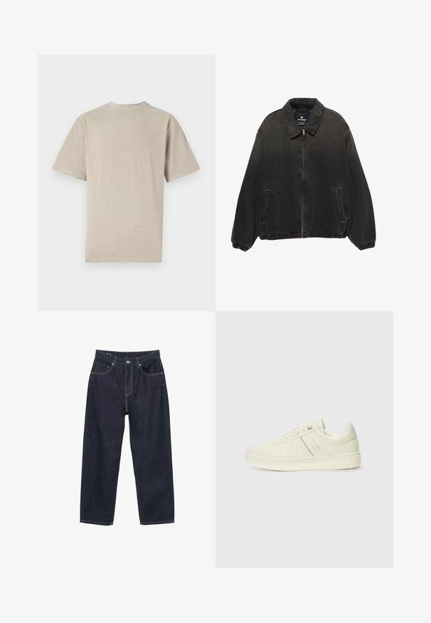 Čierna denimová bunda s golierom, predným zipsom, elastickými manžetami a bočnými vreckami. Obsahuje mierne vybledlú textúru s kontrastnými švami.; Tričko s krátkym rukávom vo svetlo béžovej farbe s okrúhlym výstrihom, vyrobené z mäkkého materiálu, s hladkou textúrou a jednoduchým dizajnom bez grafiky.; Tmavomodré džínsy s voľným strihom, so piatimi vreckami, kontrastným žltým prešívaním a zapínaním na gombík vpredu.; Krémová teniska s perforovanými detailmi, šnúrkami a logom na boku, vystavená na jednoduchej bielej pozadí.
