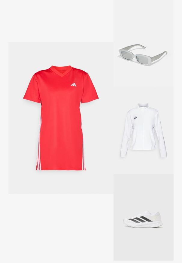 adidas Performance ADIZERO ESSENTIALS - Løpejakke - white; Rød sportskjole med korte ermer, V-hals, laget av glatt materiale; har hvite side striper og en liten hvit logo på brystet.; Hvit sportssko med svarte diagonale striper, mesh-overdel, rund tå og teksturert såle. Detaljene inkluderer en sølvfarget hæl og minimalistisk design.; Grå solbriller med rektangulært ramme, matt finish og tonede linser. Har slanke stenger med subtil branding på siden.
