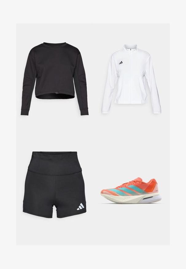 adidas Performance ADIZERO ESSENTIALS - Striukė bėgimui - white; Juodas sportinis megztinis su sutrumpintu dizainu, ilgomis rankovėmis, apvaliu kaklu ir šoninėmis panelių detalėmis. Pagamintas iš minkštos, elastingos medžiagos. Reguliuojamas apatinis kraštas su raišteliu.; adidas Performance Tamprės - black; Bėgimo bateliai su orui pralaidžia tinklelio viršutine dalimi koralinės ir akvamarino spalvų, su trimis juostelėmis, paminkštintu padu ir sultingu dizainu.