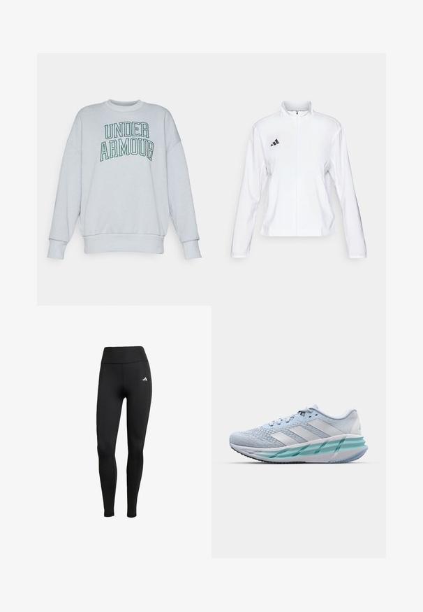 adidas Performance ADIZERO ESSENTIALS - Runningjack - white; Lichtgrijze sweatshirt van een katoenmix, met een geribbelde ronde hals, verlaagde schouders en opvallende groene "UNDER ARMOUR" tekst op de voorkant.; Zwarte sportleggings met een hoge tailleband. Gemaakt van rekbare stof met een wit logo detail aan de bovenste linkerkant.; Lichtblauwe sportschoenen met een gestructureerde breitbovenkant, witte accenten en een doorzichtige groene tussenzool. Ronde neus en gevoerde kraag.