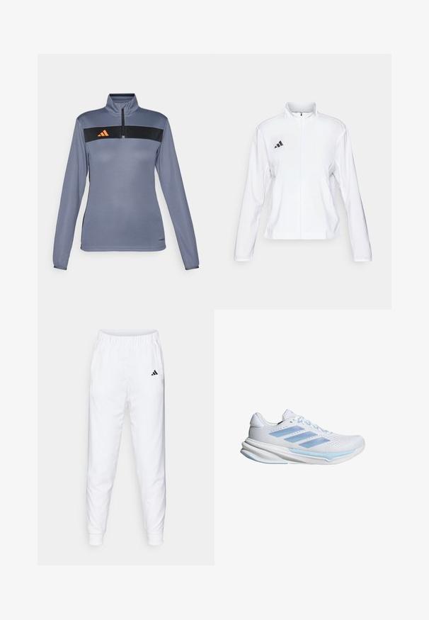 adidas Performance ADIZERO ESSENTIALS - Běžecká bunda - white; Svetle šedé triko s dlouhým rukávem a polovičním zipem, s černým vodorovným pruhem a oranžovým logem na hrudi. Hladká struktura tkaniny.; Bílé sportovní kalhoty s elastickým pasem a manžetami. Mají boční kapsy a malé černé logo na levém stehně. Hladký povrch látky.; Bílé běžecké boty s světle modrými akcenty, prodyšný síťovinový svršek, design se třemi pruhy, polstrovaná podrážka a texturovaná trakční podešev.