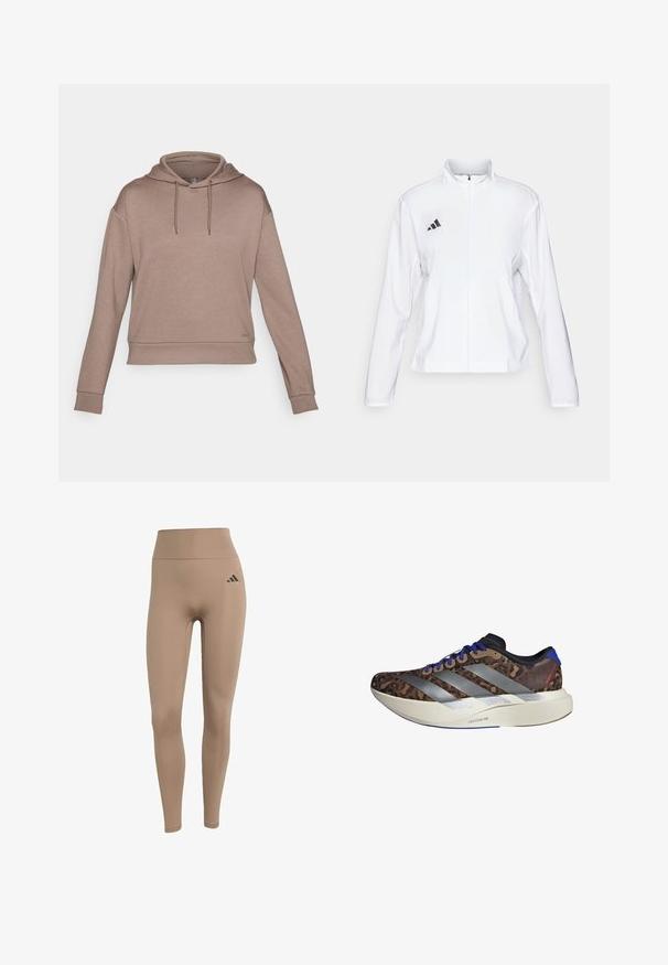 adidas Performance ADIZERO ESSENTIALS - Juoksutakki - white; ONLY Play ONPLOUNGE LIFE HOOD - Huppari - walnut; Vaaleanbeige korkeat leggingsit, jotka on valmistettu joustavasta kankaasta. Ne korostavat vartalon muotoa ja vasemmassa lantiossa on musta logo-aksentti.; Juoksukengät, joissa on ruskea leopardikuosiset päälliset, hopeiset raidat, siniset yksityiskohdat ja valkoinen välipohja, jossa lukee "LIGHTSTRIKE PRO." Kevyt muotoilu.
