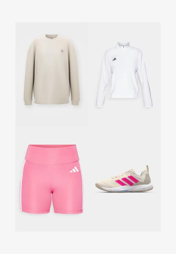 adidas Performance ADIZERO ESSENTIALS - Striukė bėgimui - white; Bežinis džemperis su apvaliu kaklu, ilgomis rankovėmis ir šoninėmis skaidrėmis. Priekyje yra mažas logotipas, atitinkantis kontrastingą spalvą.; Rožiniai sportiniai šortai, pagaminti iš elastingos medžiagos. Yra balti šoniniai dryžiai ir baltas logotipas priekyje. Aukšta juosmens dizainas.; Bežiniai sportiniai bateliai su rožinėmis trimis juostomis, tekstūruota tinklelio viršutinė dalis, paminkštinta apykaklė ir balta guma neslystančia padu, turintys "LIGHTSTRIKE" prekės ženklą.
