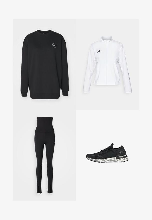 adidas Performance ADIZERO ESSENTIALS - Giacca da running - white; Felpa nera realizzata in tessuto morbido, con scollatura rotonda e maniche lunghe. Presenta un design del logo bianco sulla parte frontale.; adidas by Stella McCartney Leggings - black; Scarpa sportiva nera con tomaia in tessuto testurizzato, punta in gomma e suola bianca con motivo. Presenta un sistema di allacciatura sicuro e un tallone supportante.