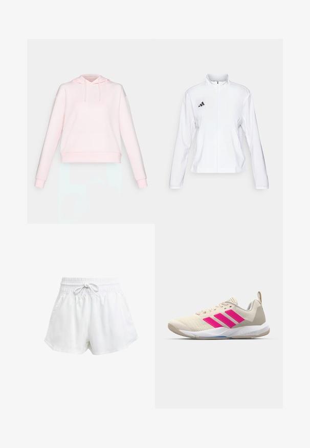 adidas Performance ADIZERO ESSENTIALS - Veste de running - white; Haut court rose clair avec capuche à cordon de serrage, manches larges et texture de tissu douce. Présente un ourlet et des poignets côtelés.; Shorts de sport blancs avec une taille élastique et un cordon de serrage réglable. Fabriqués en matériau léger, ils sont dotés de poches latérales et d'une coupe ample.; Baskets de sport beiges avec un logo à trois bandes roses, tige en maille texturée, col rembourré et semelle en caoutchouc blanc, arborant le marquage "LIGHTSTRIKE".