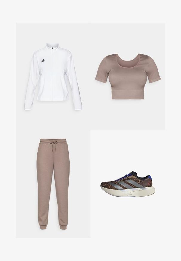 adidas Performance ADIZERO ESSENTIALS - Løbejakker - white; Lilla cropped top med korte ærmer, der har en rund halsudskæring og tekstureret ribbet stof. Enkel design uden mønstre eller udsmykninger.; ONLY Play ONPLOUNGE LIFE REG NOOS - Træningsbukser - brown; Løbesko med en overdel i brun leopardprint, sølvstriber, blå detaljer og en hvid mellemsål mærket "LIGHTSTRIKE PRO." Letvægtsdesign.