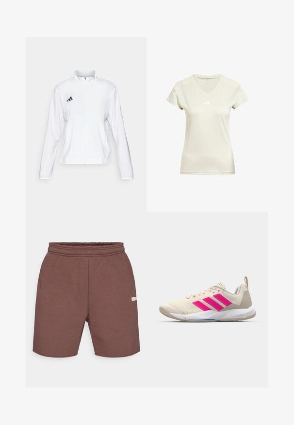 adidas Performance ADIZERO ESSENTIALS - Spordijope - white; Kergesti beež V-kaelusega spordisärk lühikeste varrukatega, rinnal valge Adidas logo ja tekstureeritud detail kaelusel.; Pruni sportlikud lühikesed püksid pehmest kangast, millel on sile tekstuur. Kätkeb elastset vööd ja väikest logo silti küljes.; Beige spordijalanõud roosa kolme triibu logoga, tekstureeritud võrkkangas peal, polsterdatud sääreosa ja valge kummist tallaga, kus on "LIGHTSTRIKE" bränd.