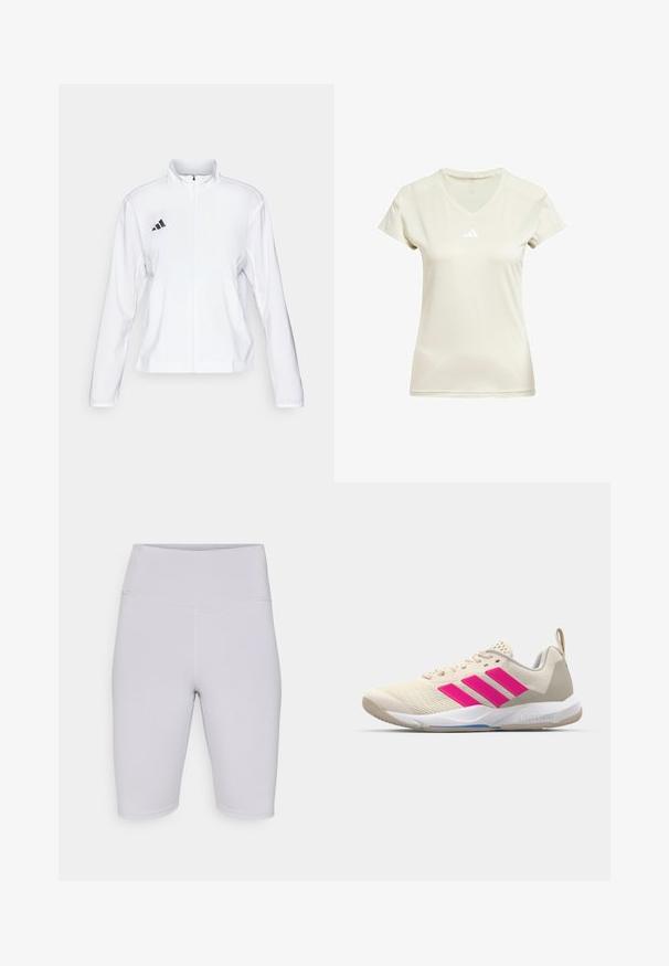 adidas Performance ADIZERO ESSENTIALS - Športna jakna - white; Atletska majica s V-izrezom u svijetlo bež tkanini, kratkim rukavima, s bijelim Adidas logotipom na prsima i teksturiranim akcentom uz izrez.; Svetlo sivi kolesarski šortsi iz elastičnega materiala, z visokim pasom in gladko teksturo brez vidnih vzorcev ali akcentov.; Bežni atletski čevlji z rožnatim logotipom s tremi črtami, teksturiran zgornji del iz mrežaste tkanine, oblazinjen ovratnik in bel gumijast podplat, ki nosi blagovno znamko "LIGHTSTRIKE".
