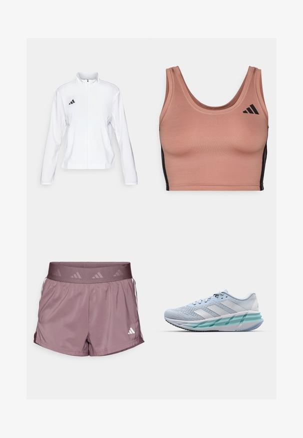 adidas Performance ADIZERO ESSENTIALS - Veste de running - white; Soutien-gorge de sport en tissu doux rose pâle avec un col en scoop, des rayures noires sur les côtés et des accents de logo subtils. Coupe ajustée avec une texture lisse.; adidas Performance HYPERGLAM SHORT - Short de sport - shadow fig/white; Baskets de sport bleu clair avec un dessus en tricot texturé, des accents blancs et une semelle intermédiaire transparente verte. Bout arrondi et col rembourré.