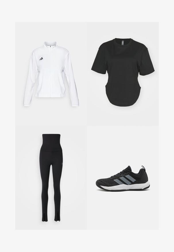 adidas Performance ADIZERO ESSENTIALS - Runningjack - white; Zwarte T-shirt met korte mouwen van katoen. Ronde halslijn met een afgeronde zoom en zijsplitten. Glad textuur, casual pasvorm.; adidas by Stella McCartney Tights - black; Zwarte sportieve schoen met lichtgrijze strepen, gestructureerde mesh bovenkant, zwarte veters en een witte zool. Voorzien van een aanhaalklep op de hiel.
