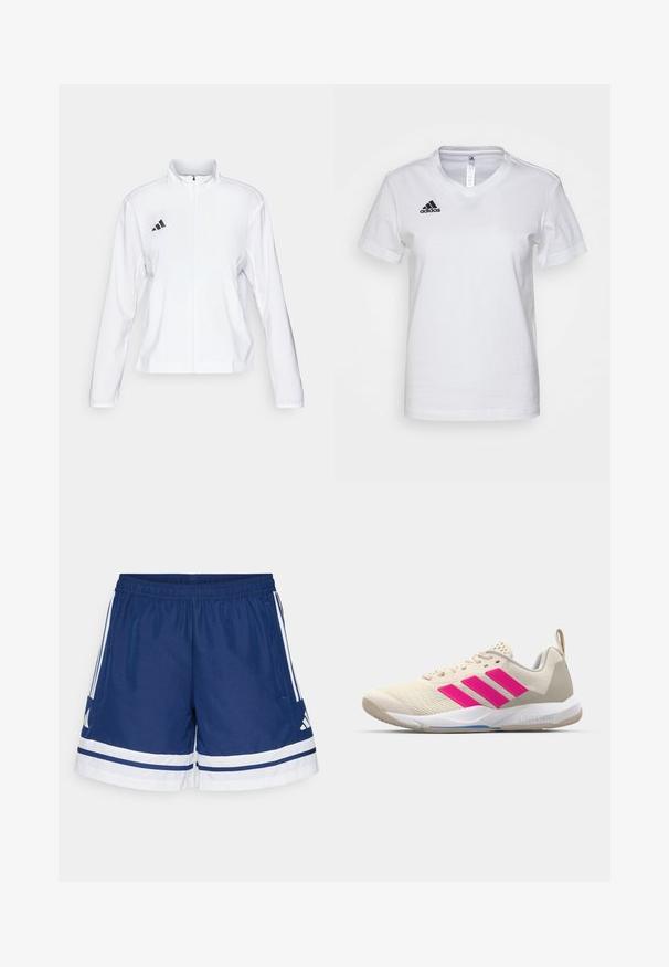 adidas Performance ADIZERO ESSENTIALS - Laufjacke - white; Weißes Baumwoll-T-Shirt mit V-Ausschnitt, kurzen Ärmeln und schwarzem Adidas-Logo auf der linken Brustseite. Glatte Textur, klassische Passform.; Marineblaue Sportshorts mit einem elastischen Bund, weißen Akzenten und drei Streifen an jeder Seite; aus leichtem, atmungsaktivem Material gefertigt.; Beige Sportsschuh mit pinkem Dreistreifen-Logo, strukturiertem Mesh-Obermaterial, gepolstertem Schaft und weißer Gummisohle, mit "LIGHTSTRIKE"-Branding.